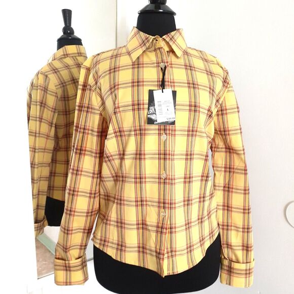 SOHO Babe Camel Yellow Plaid Woven LS Button Shirt JR. Size Large NWT - Picture 2 of 14